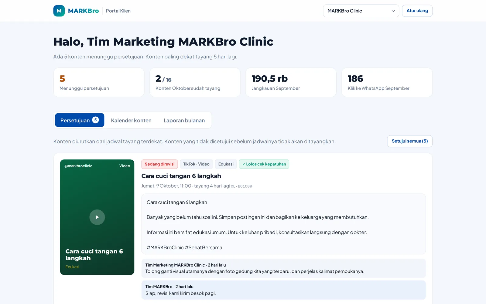Portal klien: daftar konten yang menunggu persetujuan dengan pratinjau dan caption