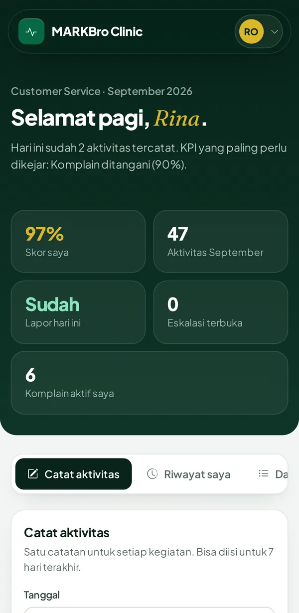 Halaman staf di HP: skor pribadi dan form catat aktivitas